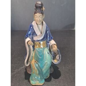 Antique Chinese Shiwan Mudwoman Pottery Figurine Blue Turquoise Glaze Basket